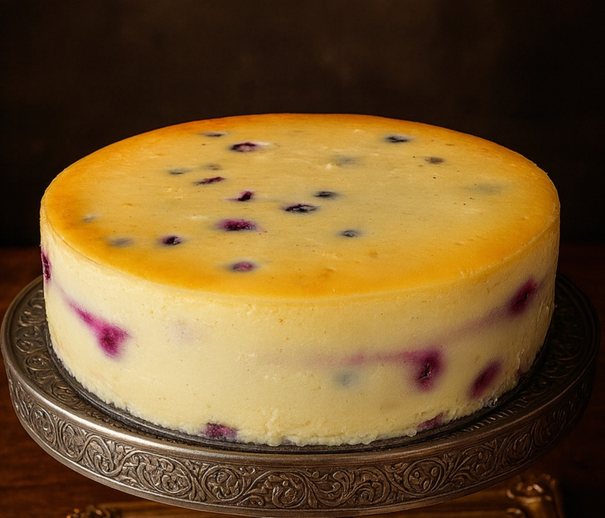 10" whole blueberry cheesecake on antique silver stand