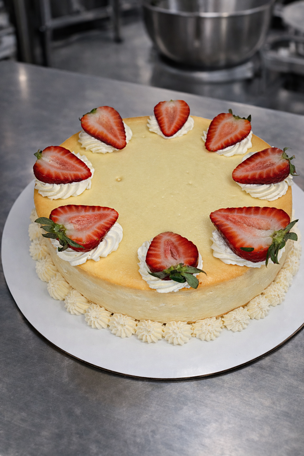 Lemon Zest 8-inch cheesecake with piped cream border and fresh strawberries