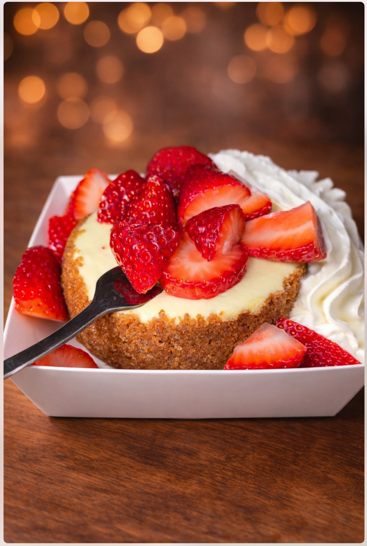 4-inch strawberry cheesecake with whipped cream rosettes and warm bokeh lights