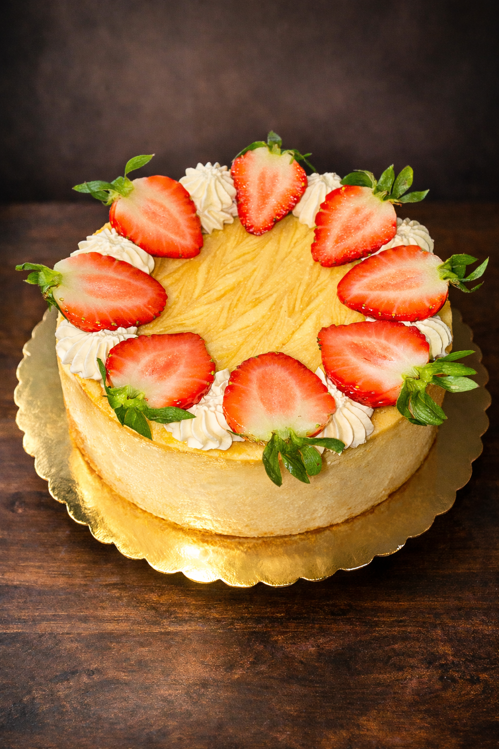 6" cheesecake crowned with fresh strawberries on a gold board
