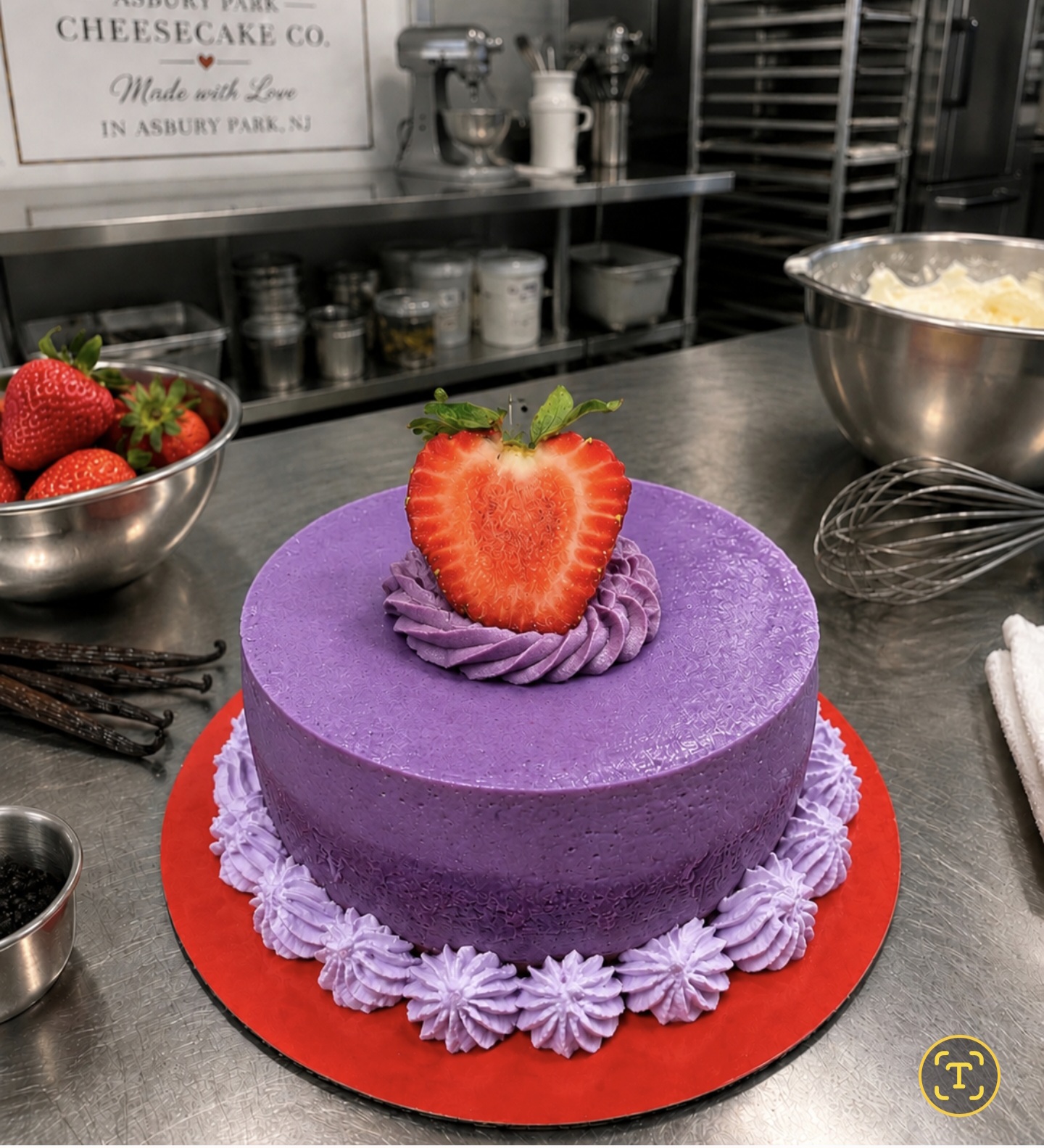 Signature Ube Cheesecake with purple frosting, a fresh strawberry, and piped border