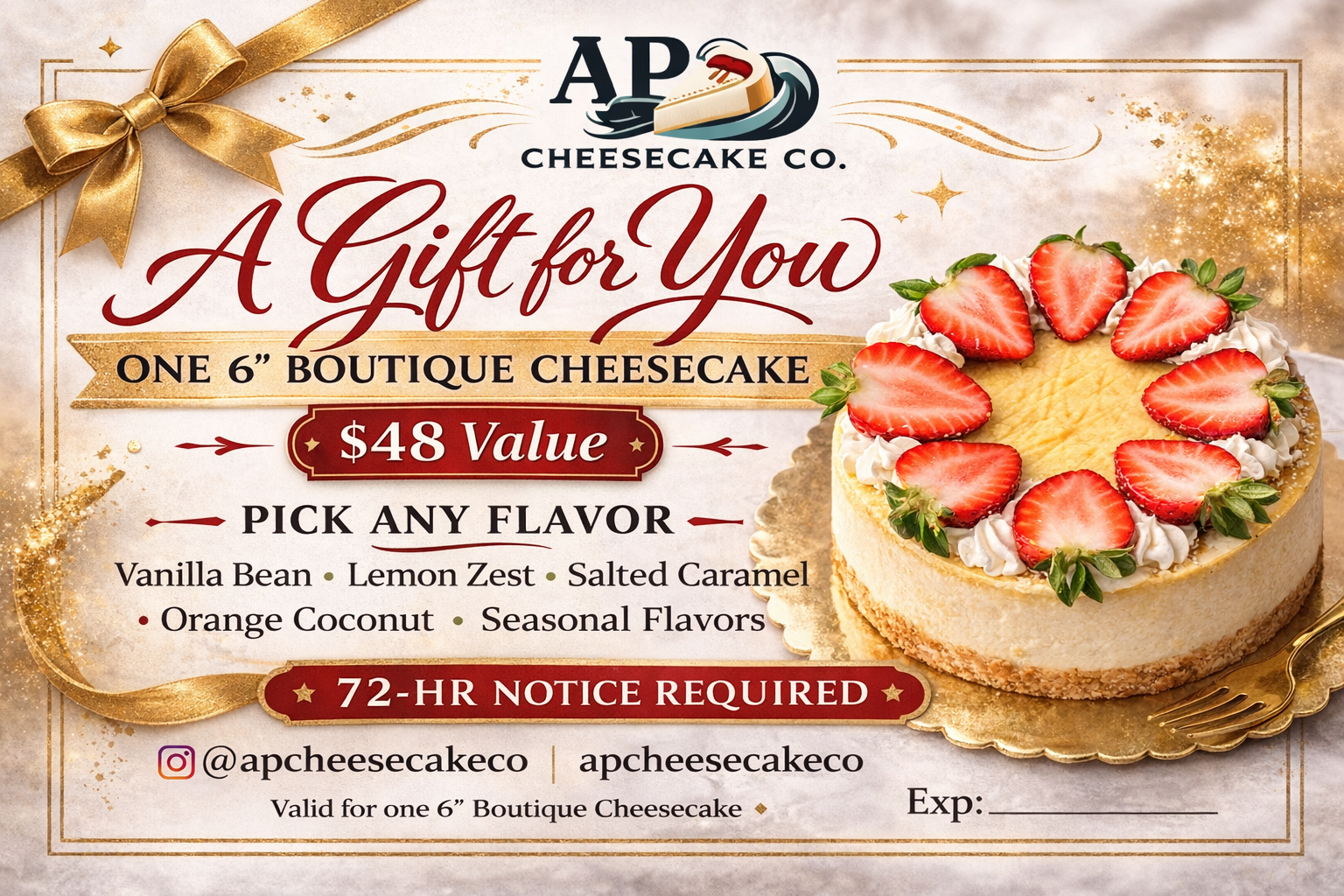 APCC gift card — A Gift for You — one 6 inch boutique cheesecake