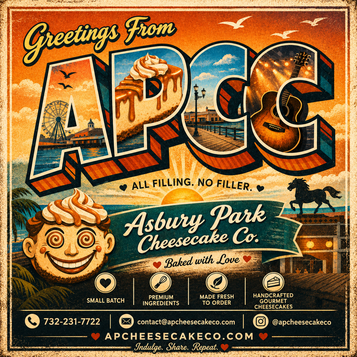 Vintage-style Greetings from APCC postcard featuring Asbury Park boardwalk, Tillie, and a cheesecake illustration